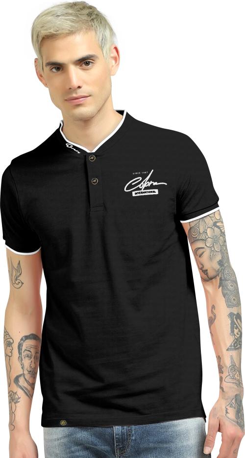 AJ Brothers Men Black Typography Cotton Blend Mandarin Collar T-Shirt - XL