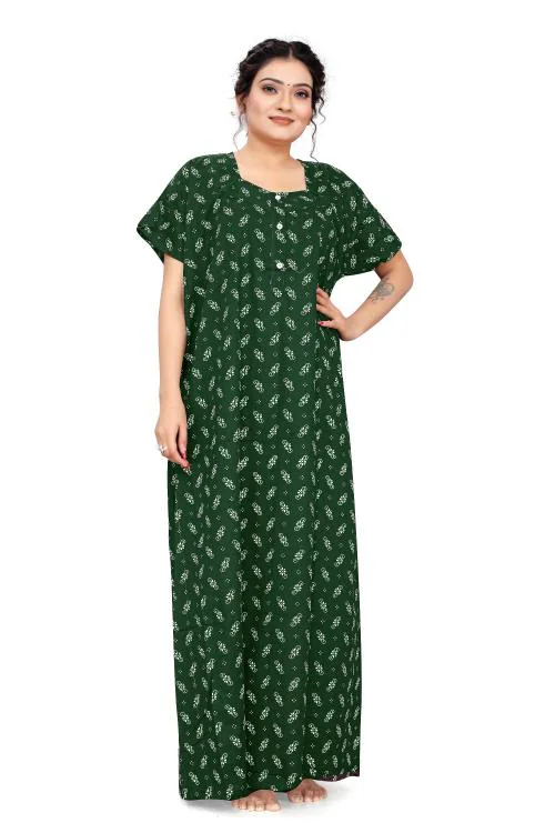 HauteLook Women's Pure Cotton A-Line Nighty Gown Small Flower Print with Short Sleeves and Square V-Neck-Green-L