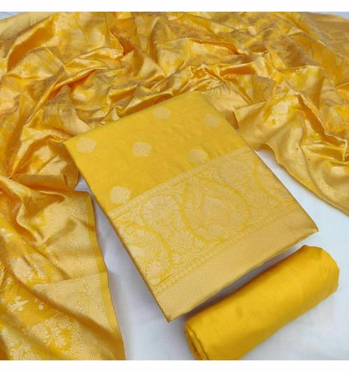 JHEENU Women Yellow Self Design Silk Blend Salwar Suit Material