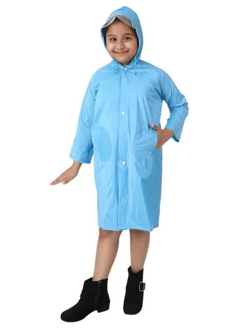 Tricky Shopper Kids Plain Hooded Raincoat with School Bag & Side Pocket Rain Fighter I Rain Coat for Boy's Girl's with Carrying Pouch (Blue _ 11 Years-12 Years)