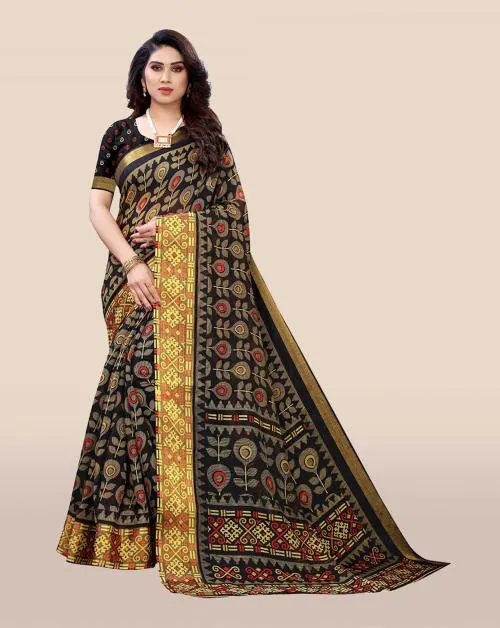 Pisara Black Cotton Silk Printed Saree