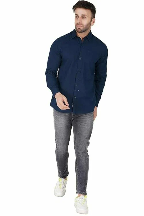 Blue Squad Men's Cotton Linen Full Sleeves Tailored fit Casual Shirt | Navy Blue | XXXL