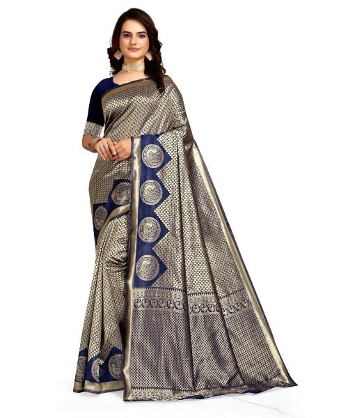 SHREE SHAKTI FASHION Temple Border, Animal Print Kanjivaram Jacquard, Pure Silk Saree (Dark Blue)