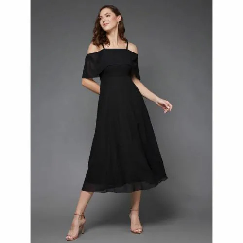 ETHNI JAIPUR Miss Chase Women's Pink Off Shoulder Midi Skater Dress for Women | Perfect for Party, Formal Occasion | Black | Size-XL