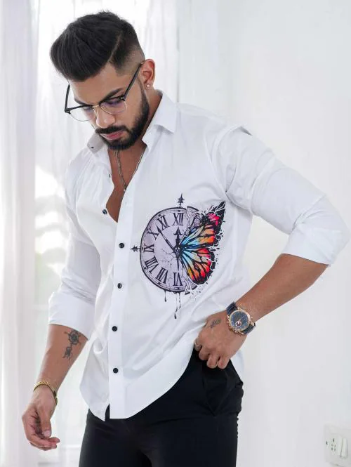 BLUECORP ENTERPRISE Men Regular Fit Clock Printed Casual White Shirt