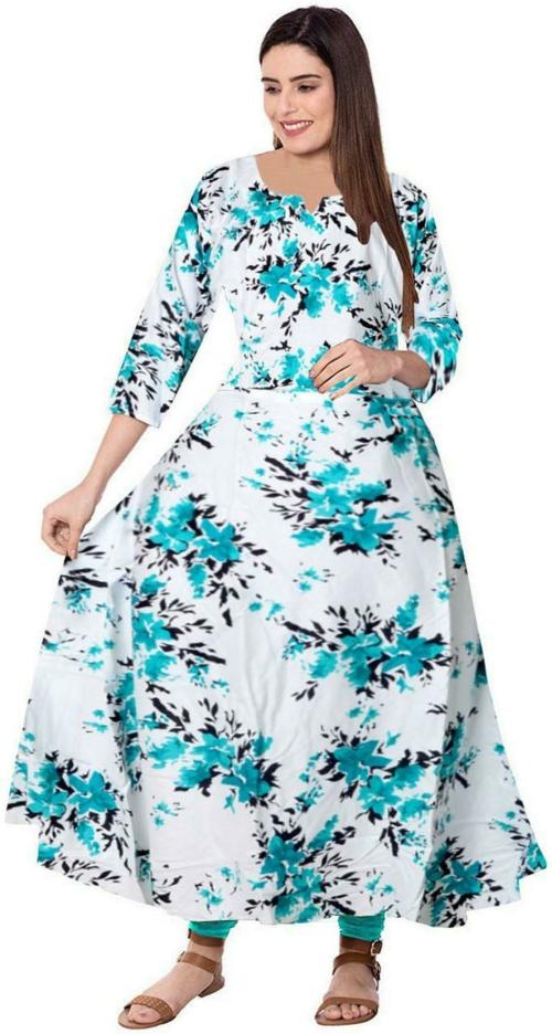 Silver Organisation Women White and Blue Printed Viscose Rayon Kurta