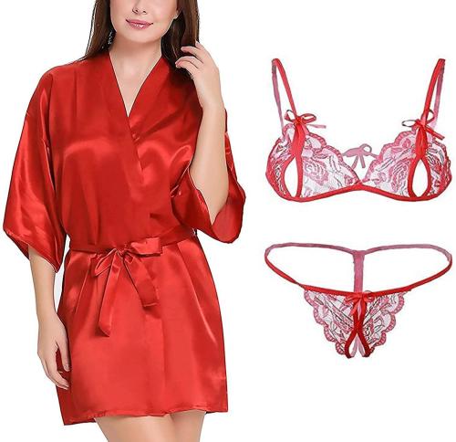 Iyaracollection Women Maroon Applique Pure Satin, Lace Lingerie Robe Set