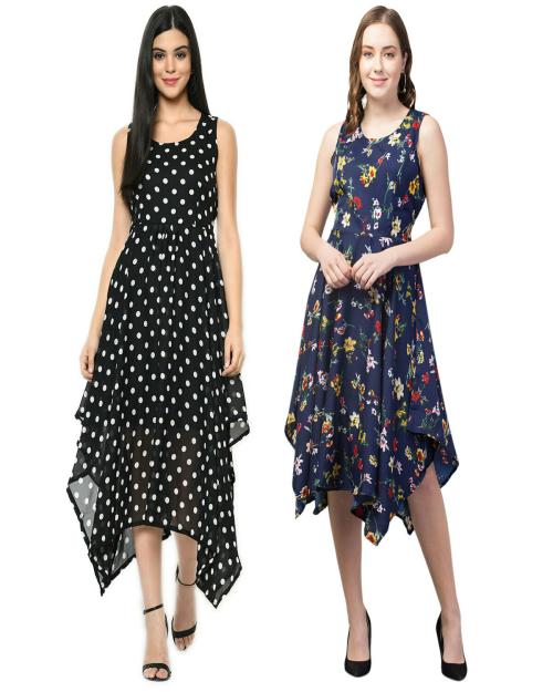 My Swag Women's Polka & Floral Print High Low Assymetric Combo Dress Pack of 2