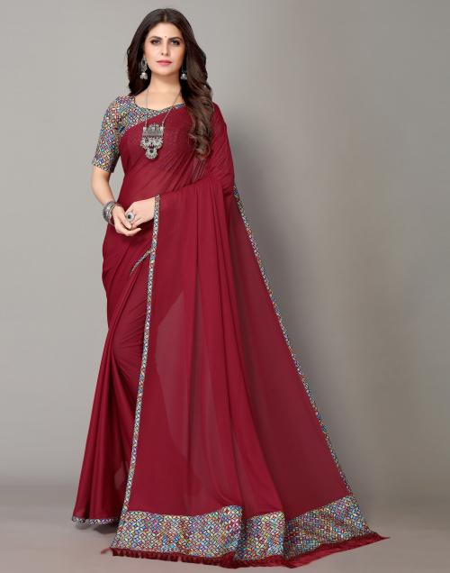Siril Lycra Blend Maroon Color Satin Saree with Blouse piece | sarees for Women| saree | sarees