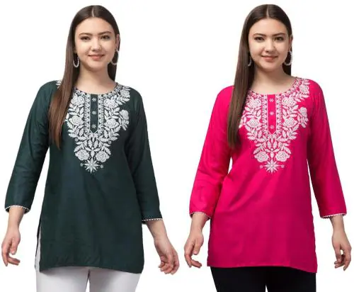 Aura Glam Women Embroidered Latest Design Rayon Fabric Round Neck With Three Quarter Sleeves Short Kurti | MultiColour Pack of 2 |Green & Magenta