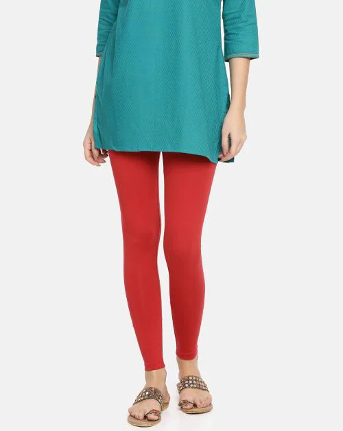 TWIN BIRDS Women Red Solid Cotton Ankle-Length Leggings