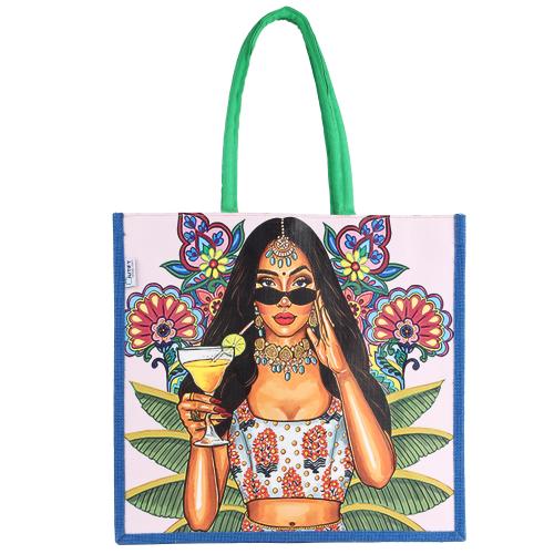 JUTIFY naturally stylish Eco-Friendly Printed Unisex Jute Shopping Bag, Women's Tote Bag , Spacious, Stylish, Sturdy Handbag ,For Daily and Office Use,pop shopper jute - desi swag (42cm x 40cm x 15cm)