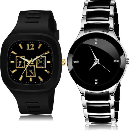 NEUTRON New Traditional Casual Square And Chain Black Colour Analog Plastic And Stainless Steel Belt 2 Watch Combo For Boys And Men - BC45-B68