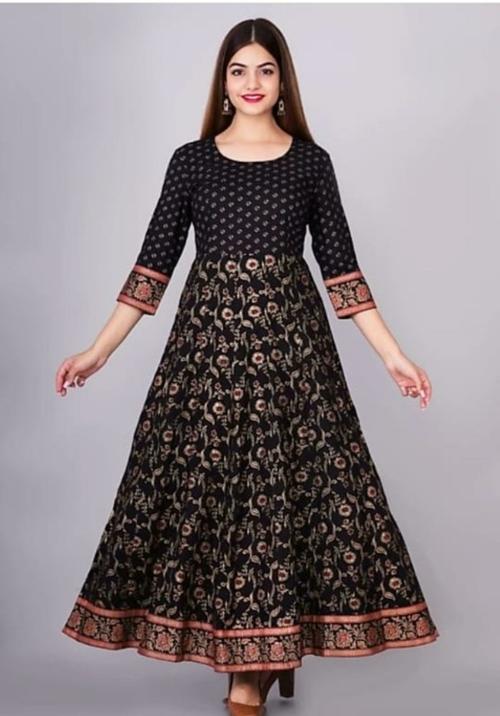 MRIGNAYANI Women Black Printed Cotton Rayon Blend Kurta (L)