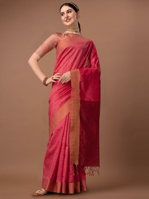 SILENA Women Carrot Red Woven Design Silk Blend Saree (Free Size)