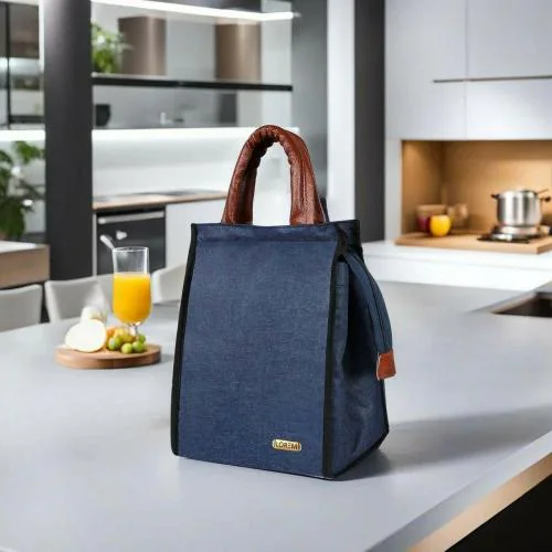 LOREM Blue Linen Textured Insulated Tiffin bag/Lunch Bag For Men & Women TB07