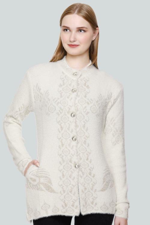 Curious Fashion Women White Self Design Wool Blend Sweater