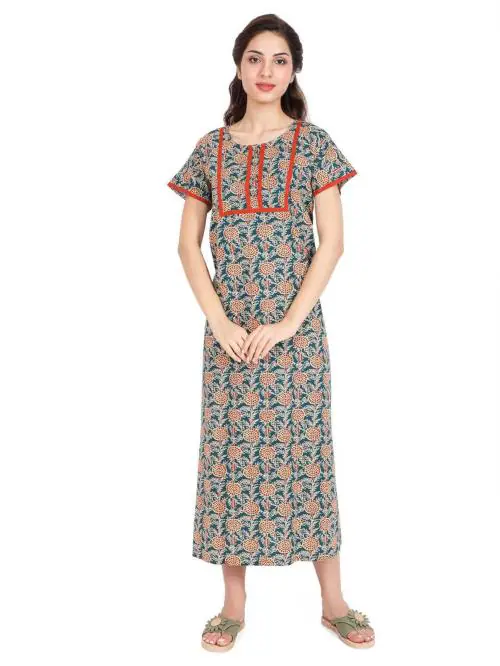 Evolove Women Bottle Green Cotton Long Maxi Night Gown Nighty Dress With Pocket (M)