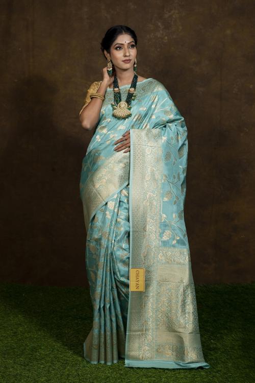 Chayan Sky Blue & Golden border line Woven Design Banarasi Saree With Unstitched Blouse Piece