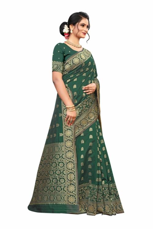 G TEX Self Design Kanjivaram Silk Blend Saree (Green)