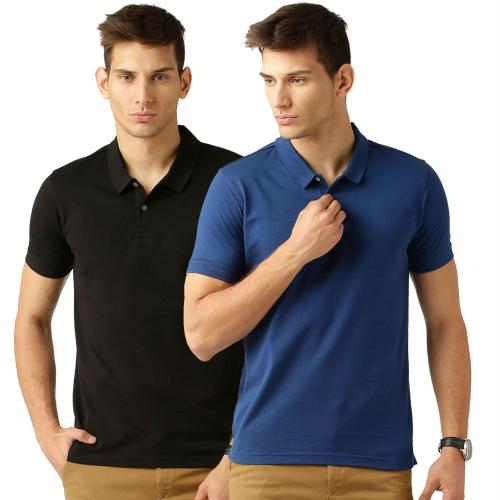 Fastoche Men Black, Royal Blue Polo Cotton Tshirt (Pack Of 2) Xxl