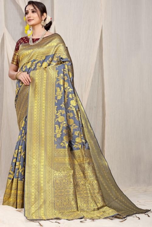 PatialaPicks Pure Silk Saree with Pure Gold Jari work with Running Blouse Grey