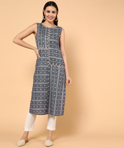 Aturabi assymetric hand-loom cotton kurti with zari embroidery