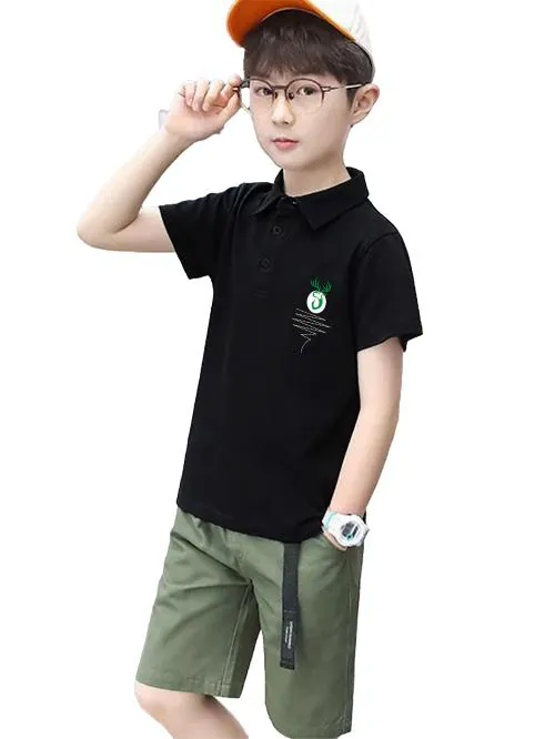 Jump Cuts Boys Printed Polo Neck Half Sleeve Black Slim Fit CottonBlend Tshirt