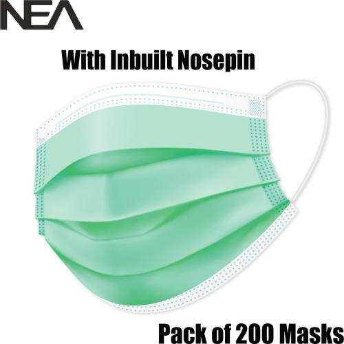 Nea Green 3 Layer Certified Water Resistant Pharmaceutical Surgical Face Mask - Pack of 200, 3 Ply