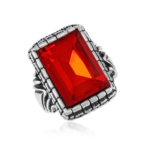 Memoir Brass Antique Oxidised Silverplated Faux Ruby finger ring Men Fashion jewellery Latest Stylish (ORMI5754