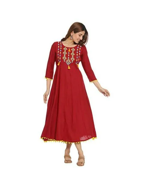 AROOPA Women Red Embroidery Rayon Kurti (Pack of 1)
