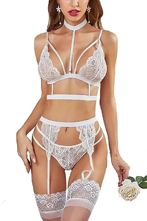 SKMODEL STYLISH Women Hot & Sexy Lingerie Lace Bra Top Mini Sets Nightwear Dress (White,Free Size)