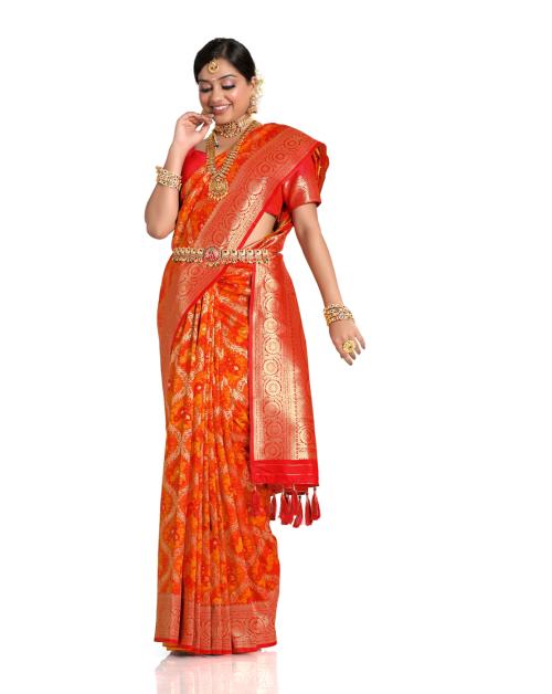 HALFSAREE STUDIO Musterd Banarasi Silk Meenakari Badla Work Saree