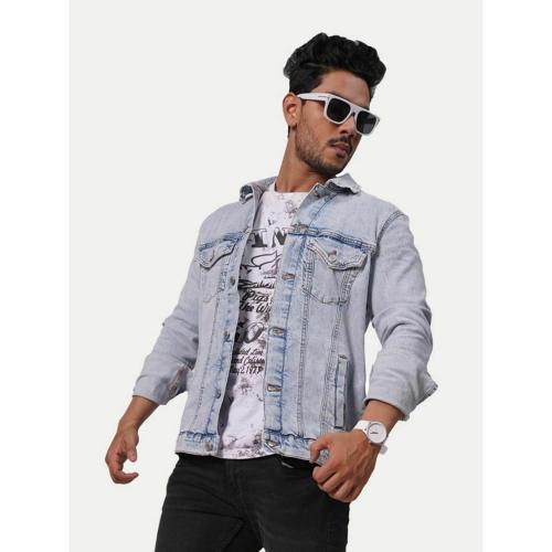 Rad Prix Men Ice Blue Tailored Denim Jacket with Shirt Collar