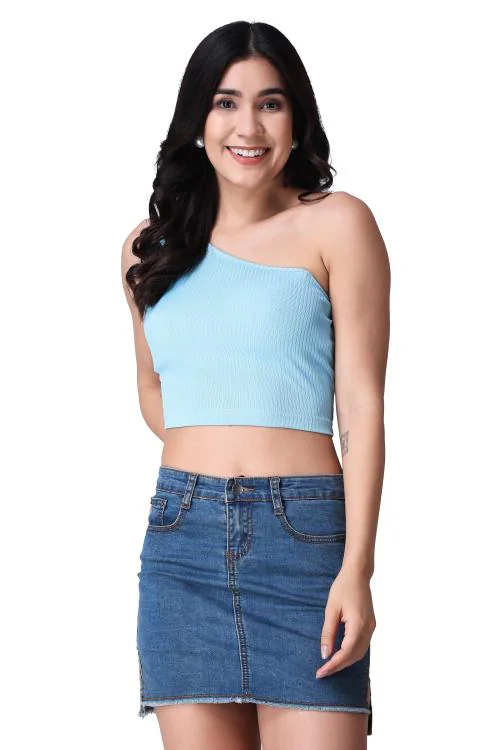 Popwings Women Casual Sky Blue One Shoulder Crop Top
