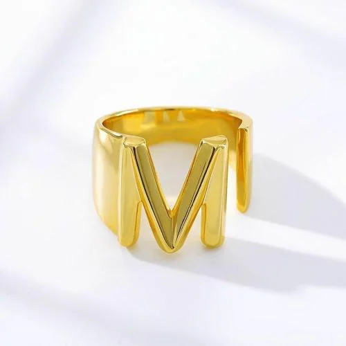 Zivom Copper Initial Letter M Alphabet Name Hollow Chunky 18K Gold Adjustable Free Size Ring For Women