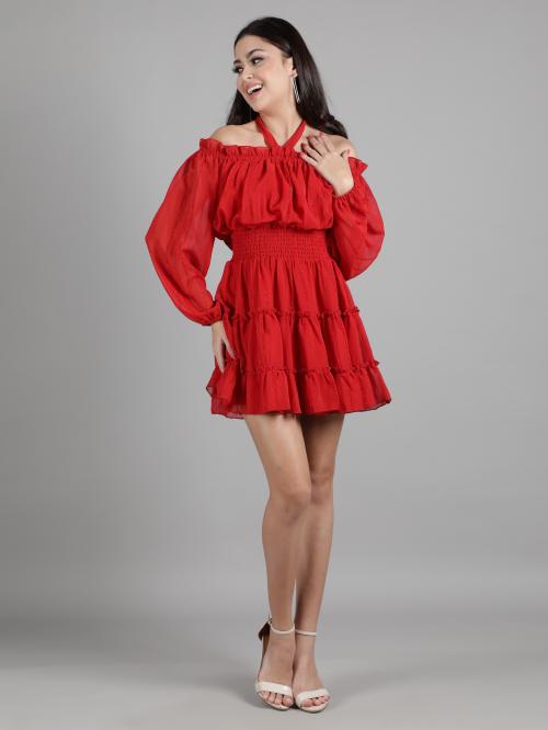 Drape and Dazzle Red Ruffle Short Dress for Women