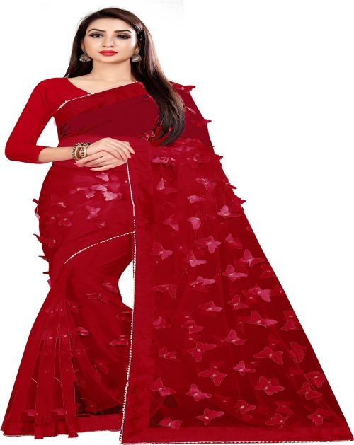 Lady Raiment Embellished Bollywood Net Saree (Red)