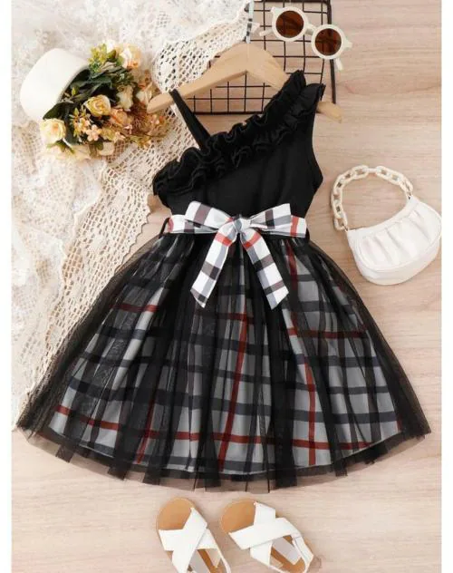 Tior Toddler Girls Plaid Asymmetrical Neck Ruffle Trim Mesh Hem Belted Dress | Kids Wear | Girls Dress | Kids Dress | Frock | Frock Girls | Girls Frock | Dresses For Girls | Kids Girl Dress | Frock For Girls | Dress For Girls | Kids Wear Girls