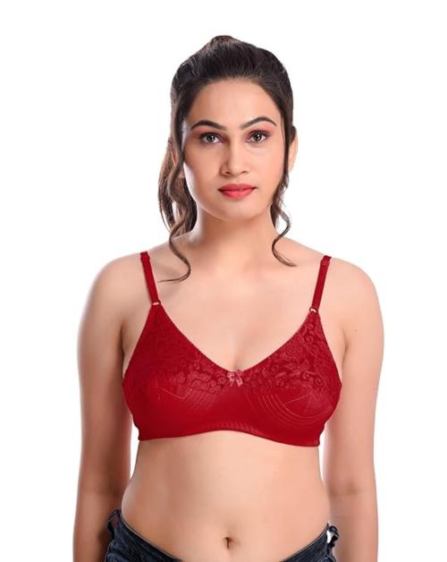 MISSVALENTINE Cotton Everyday Non-Padded Wirefree Seemed Bra Full Coverage for Women - Deepika - Red (40 D)