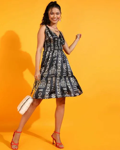 Popwings Women Casual Grey Bandhani Printed Fit & Flare Dress | Women Dress | Women Printed Dress | Sleeveless Dress | Knee Length Dress | V Neck Dress