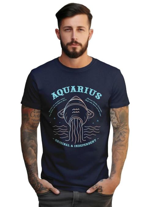 Peppyzone Men's Regular Fit Aquarius Zodiac Sign Printed Pure Cotton T Shirt for Men