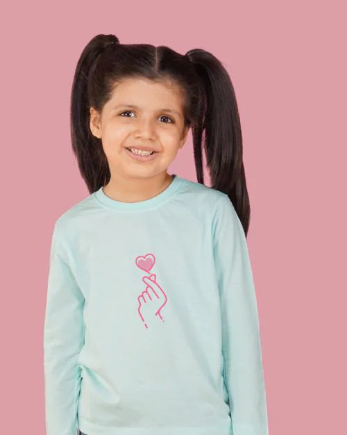 Nusyl Girls Blue Hand & Heart Printed T-Shirt