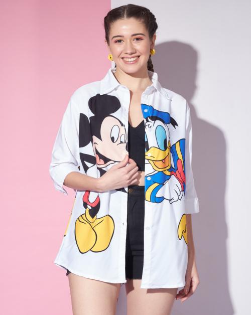 BuyNewTrend White Imported Crepe Cartoon Graphic Printed Relaxed Fit Women Long Shirt