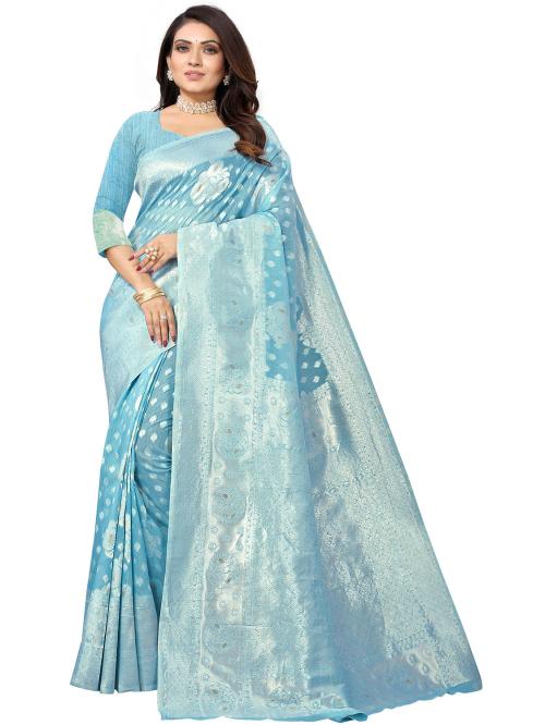 Leeza Store Women Navy Blue Organza Jacquard Silver Zari Woven Ethnic Motifs Rich Pallu Banarasi Style Saree With Running Blouse Piece