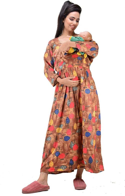 CLYMAA Women Brown Cotton Rayon Blend Maternity Gown Dress (3XL)