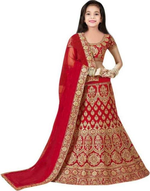 DIZVU Girls Red Embroidered Satin Lehenga, Choli and Dupatta Set 15-16 Y