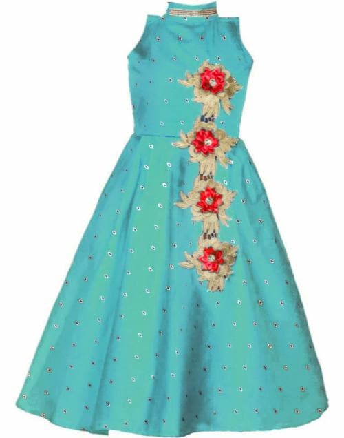 Bollylounge Girls Turquoise Patch Taffeta Single Fit And Flare Dress
