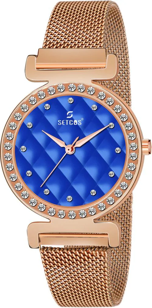 Setcos Analog Blue Dial Rose Gold Strap Watch For Girls