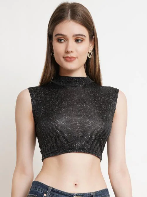 Popwings Casual Sleeveless Round Neck Black Sparkle Women Crop Tops ! Black Wrinkle Sprkle Self Design Round Neck Partywear Girls Croptops